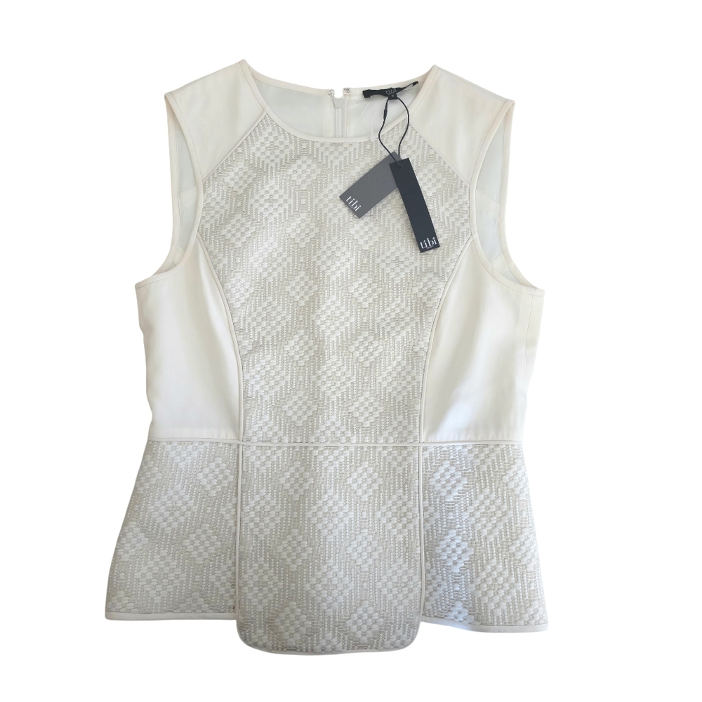 NWT Tibi New York Designer White Cream Textured Sleeveless Zip Blouse